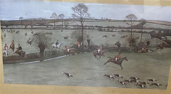 Victorian School, coloured aquatint, The Fox Chase, 34 x 46cm and a pair of hunting prints of The Warwickshire, after Cecil Aldin, 15 x